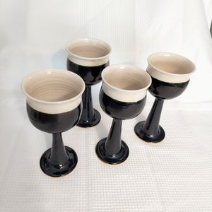 Art Pottery Wine Goblets Glazed Stoneware Chalices Pedestal Signed Lippert